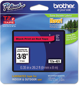 Brother P-Touch® TZe Series Standard Adhesive Laminated Labeling Tape,  3/8w, Black on Red