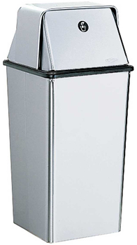 Floor-Standing Waste Receptacle with Top. Satin-finish stainless steel. 13 gal capacity. 13 3/8" x 13 3/8" at top, 29 1⁄2" high.