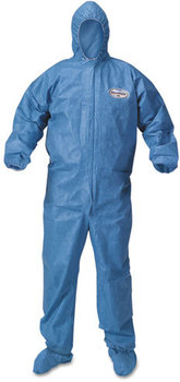 KleenGuard™ A60 Bloodborne Pathogen & Chemical Splash Protection Coverallswith Hood, Boots, Elastic Wrists, Ankles, & Back, and Zipper Front. Size X-Large. Blue. 24/Carton.