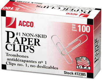 ACCO Paper Clips #1, Nonskid, Silver, 100 Clips/Box, 10 Boxes/Pack