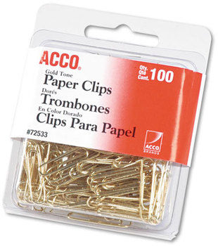 ACCO Gold Tone Paper Clips #2, Smooth, 100/Box