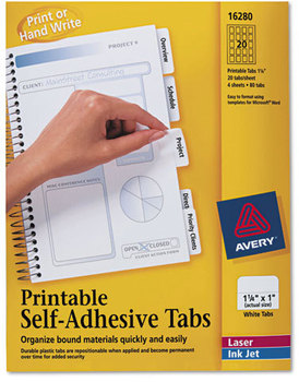 Avery® Printable Plastic Tabs with Repositionable Adhesive 1/5-Cut, White, 1.25" Wide, 96/Pack