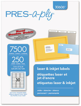 PRES-a-ply® Labels Laser Printers, 1 x 2.63, White, 30/Sheet, 250 Sheets/Box