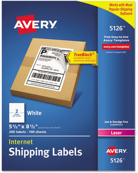 Avery® Shipping Labels with TrueBlock® Technology w/ Laser Printers, 5.5 x 8.5, White, 2/Sheet, 100 Sheets/Box