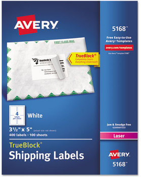 Avery® Shipping Labels with TrueBlock® Technology w/ Laser Printers, 3.5 x 5, White, 4/Sheet, 100 Sheets/Box