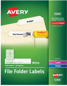 Avery® Permanent TrueBlock® File Folder Labels with Sure Feed® Technology 0.66 x 3.44, White, 30/Sheet, 50 Sheets/Box