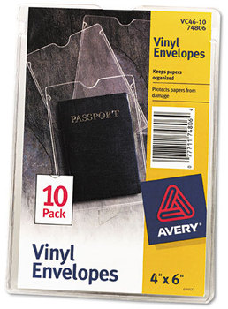 Avery® Heavyweight Clear Vinyl Envelope Top-Load Envelopes w/Thumb Notch, 4 x 6, 10/Pack
