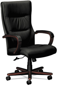 basyx® VL844 Leather High-Back Chair,  Black Leather/Mahogany