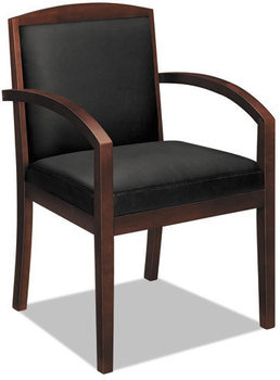 basyx® VL850 Series Leather Guest Chair,  Black Leather Upholstery w/Mahogany Veneer
