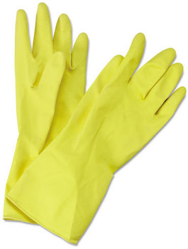 Boardwalk® Flock-Lined Latex Cleaning Gloves,  Medium, Yellow, 12 Pairs