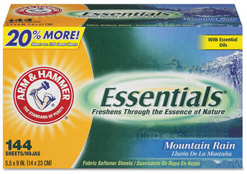 Arm & Hammer™ Essentials™ Dryer Sheets. Mountain Rain scent. 144 Sheets/Box, 6 Boxes/Carton.