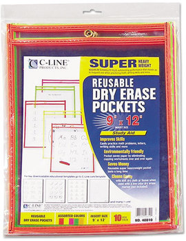 C-Line® Reusable Dry Erase Pockets,  9 x 12, Assorted Neon Colors, 10/Pack