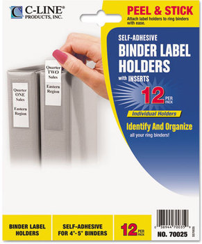 C-Line® Self-Adhesive Binder Label Holders,  Top Load, 1-3/4 x 3-1/4, Clear, 12/Pack
