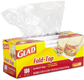 Glad® Fold-Top Sandwich Bags,  6 1/2 x 5 1/2, Clear, 180/Box
