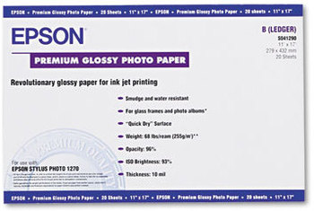 Epson® Premium Photo Paper,  68 lbs., High-Gloss, 11 x 17, 20 Sheets/Pack