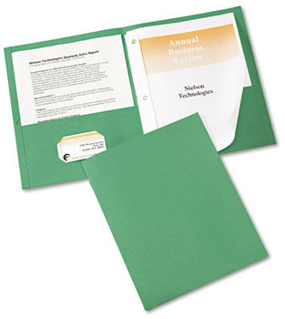 Avery® Two-Pocket Folder with Prong Fasteners Fastener, 0.5" Capacity, 11 x 8.5, Green, 25/Box