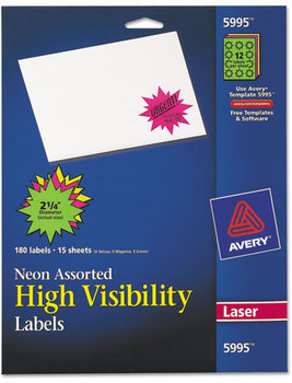 Avery® High-Visibility ID Labels Laser Printers, 2.25" dia, Assorted, 12/Sheet, 15 Sheets/Pack