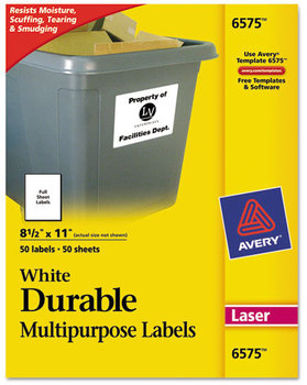 Avery® Durable Permanent ID Labels with TrueBlock® Technology Laser Printers, 8.5 x 11, White, 50/Pack