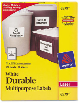 Avery® Durable Permanent ID Labels with TrueBlock® Technology Laser Printers, 5 x 8.13, White, 2/Sheet, 50 Sheets/Pack