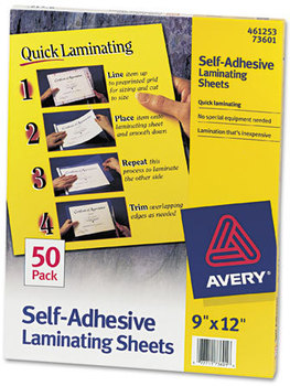 Avery® Clear Self-Adhesive Laminating Sheets 3 mil, 9" x 12", Matte 50/Box