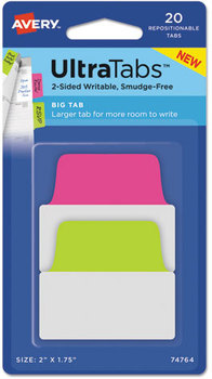 Avery® Ultra Tabs® Repositionable Big Tabs: 2" x 1.75", 1/5-Cut, Assorted Neon Colors, 20/Pack
