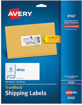 Avery® Shipping Labels with TrueBlock® Technology w/ Inkjet Printers, 2 x 4, White, 10/Sheet, 25 Sheets/Pack