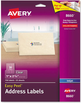 Avery® Matte Clear Easy Peel® Mailing Labels with Sure Feed® Technology w/ Inkjet Printers, 1 x 2.63, 30/Sheet, 25 Sheets/Pack