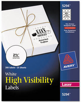 Avery® High-Visibility ID Labels Permanent Laser Print-to-the-Edge w/SureFeed, 2 1/2"dia, White, 300/PK