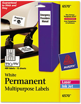 Avery® Permanent ID Labels with Sure Feed® Technology w/ Inkjet/Laser Printers, 1.25 x 1.75, White, 32/Sheet, 15 Sheets/Pack