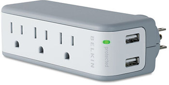 Belkin® Mini Surge Protector with USB Charger,  3 Outlets, 918 Joules, Gray/White