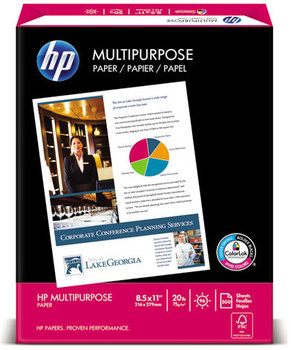 HP Multipurpose Ultra White Paper,  96 Bright, 20 lb, Letter, White, 2500 Sheets/Carton