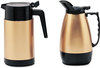 A Picture of product HOR-4924 Hormel Poly Lined Black/Gold Carafe,  Wide Mouth w/Snap-off Lid, 40oz, Capacity, Black/Gold