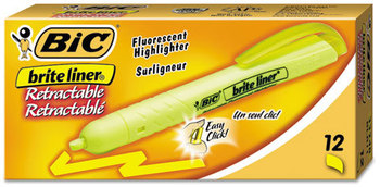 BIC® Brite Liner® Retractable Highlighters,  Chisel Tip, Fluorescent Yellow, Dozen