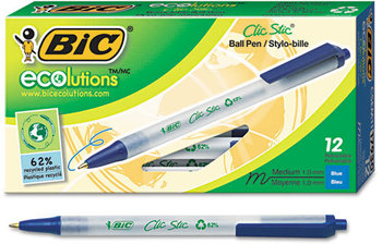 BIC® Ecolutions® Clic Stic® Retractable Ballpoint Pen,  Blue Ink, 1mm, Medium, Dozen