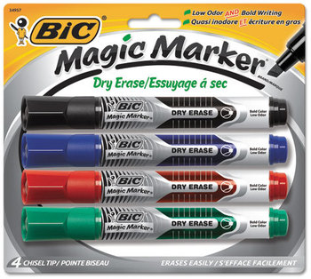 BIC® Magic Marker® Brand Low Odor AND Bold Writing Dry Erase Markers,  Chisel Tip, 4/Pack