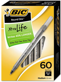 BIC® Round Stic™ Xtra Precision & Xtra Life Ballpoint Pen,  Black Ink, 1mm, Medium, 60/Box