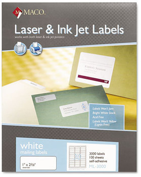 MACO® White Laser/Inkjet Shipping & Address Labels,  1 x 2 5/8, 3000/Box