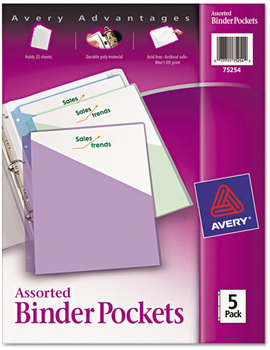 Avery® Binder Pockets 3-Hole Punched, 9.25 x 11, Assorted Colors, 5/Pack