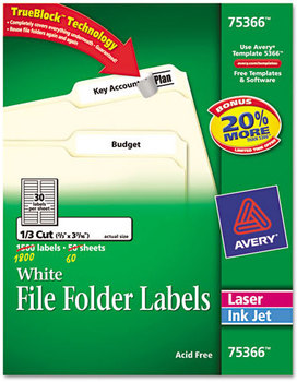 Avery® Permanent TrueBlock® File Folder Labels with Sure Feed® Technology 0.66 x 3.44, White, 30/Sheet, 60 Sheets/Box