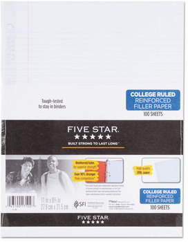 Five Star® Reinforced Filler Paper,  20lb, College Rule, 11 x 8 1/2, White, 100 Sheets