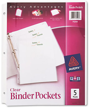 Avery® Binder Pockets 3-Hole Punched, 9.25 x 11, Clear, 5/Pack