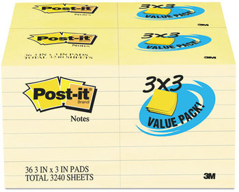 Post-it® Note Pads,  3 x 3, Canary, 100 Sheets, 36/Pack