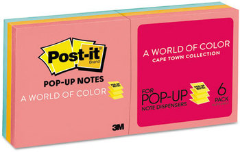 Post-it® Pop-up Notes Original Pop-up Refills,  3 x 3, Three Cape Town Colors, 100/Pad, 6 Pads/Pack