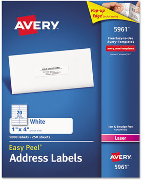 Avery® Easy Peel® White Address Labels with Sure Feed® Technology w/ Laser Printers, 1 x 4, 20/Sheet, 100 Sheets/Box