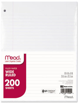 Mead® Filler Paper,  15lb, Wide Rule, 3 Hole, 10 1/2 x 8, 200 Sheets