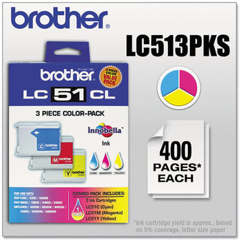 Brother LC513PKS Inkjet Cartridge,  Cyan/Magenta/Yellow, 3/PK