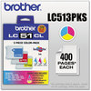 A Picture of product BRT-LC513PKS Brother LC513PKS Inkjet Cartridge,  Cyan/Magenta/Yellow, 3/PK