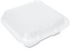 A Picture of product 964-335 Genpak® Snap-It® Large Vented Hinged Containers. 9-1/4 X 9-1/4 X 3 in. White. 100/bag, 2 bags/case.