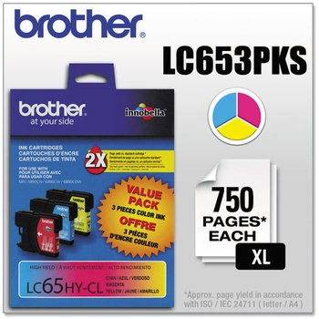 Brother LC65 Ink Cartridge,  Cyan/Magenta/Yellow, 3/PK