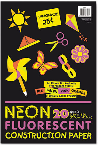 Pacon Neon Construction Paper, 76lb, 12 x 18, Assorted, 20/Pack